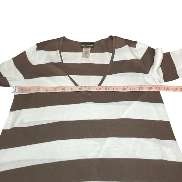TOMMY BAHAMA Cotton Blend Brown Stripe Tunic Length Vee Neck Light Sweater Sz S - Picture 5 of 7